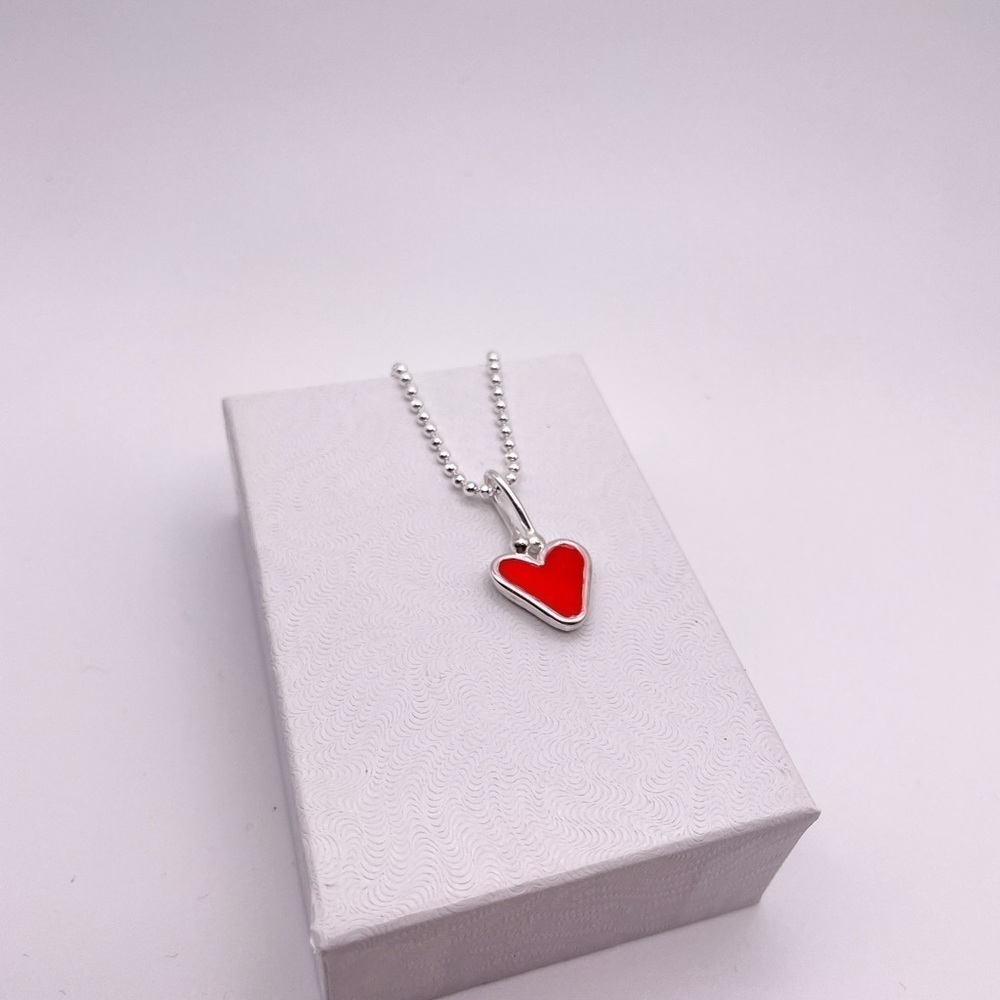Sterling Silver Red Enamel Heart Necklace Handmade 18” Chain New